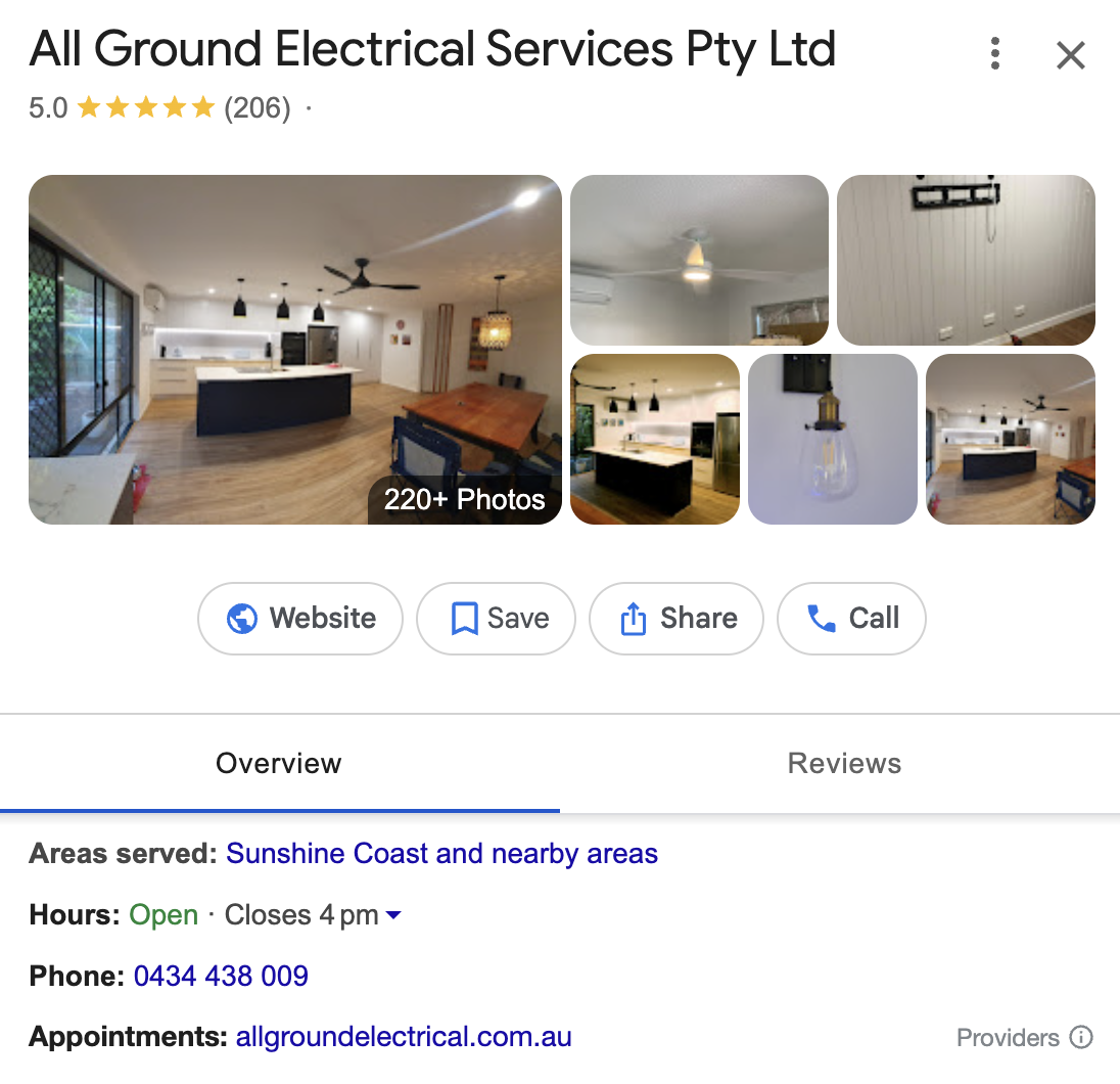 google business profile for sunshine coast electrician